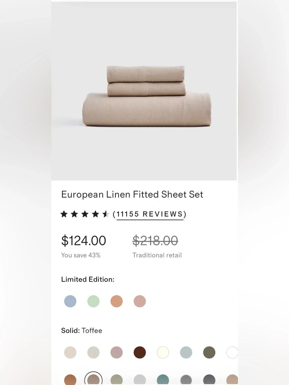 NWT Quince European Linen 3 Piece Fitted Sheet Set, Queen (Toffee)